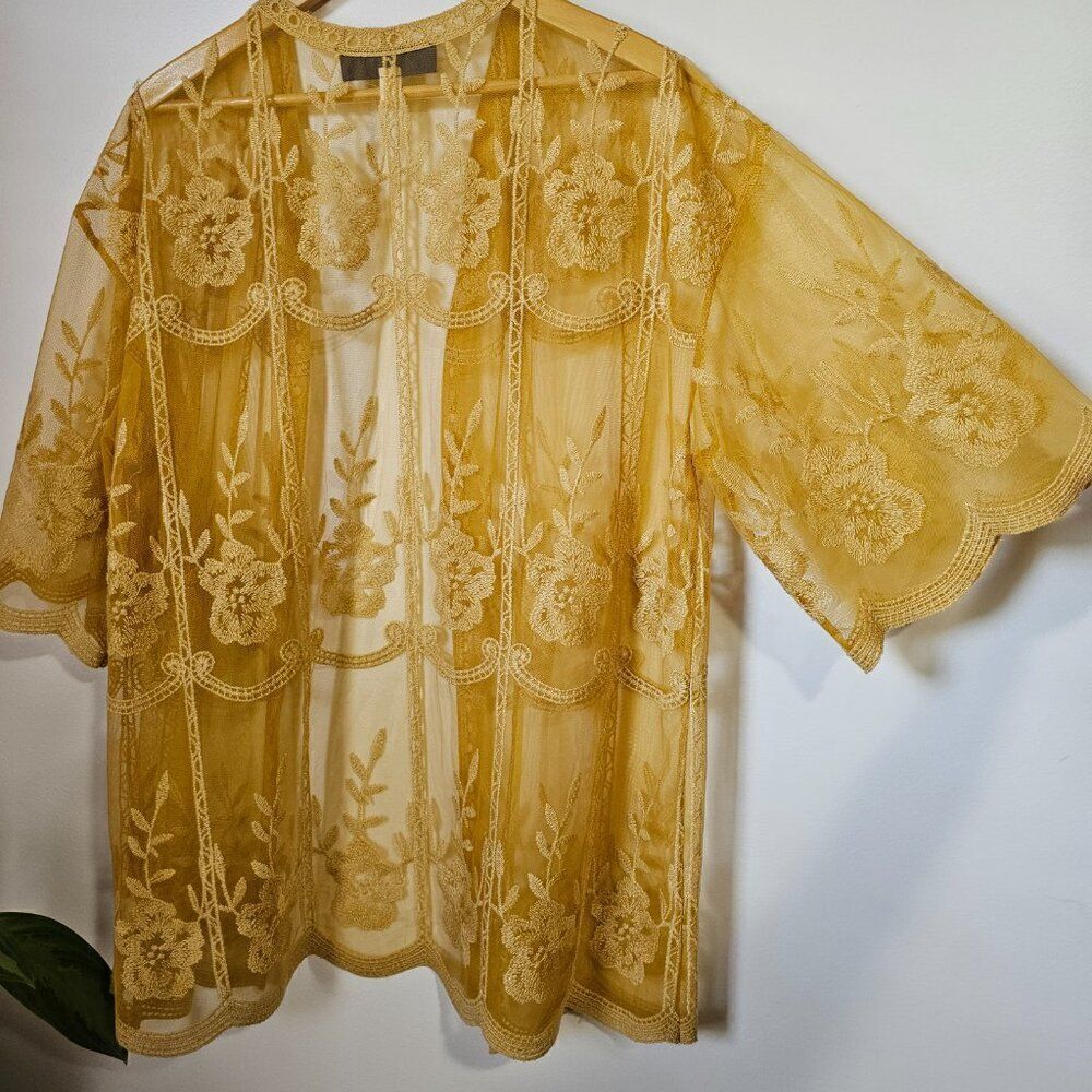 EUC LIKE NEW BLUE RAIN MUSTARD LACE EMBROIDERED BOHO KIMONO TOP SIZE M - Picture 5 of 13